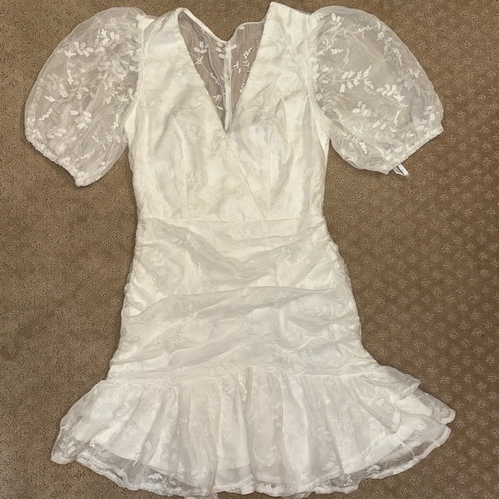 White Mini Ruching Lace Dress by Dee Dee